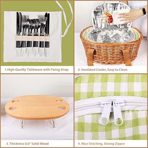 Picnic Basket Set for 2 with Mini Folding Wine Picnic Table & Large Insulated Cooler Bag & Cutlery Service Kits for 2 Person,