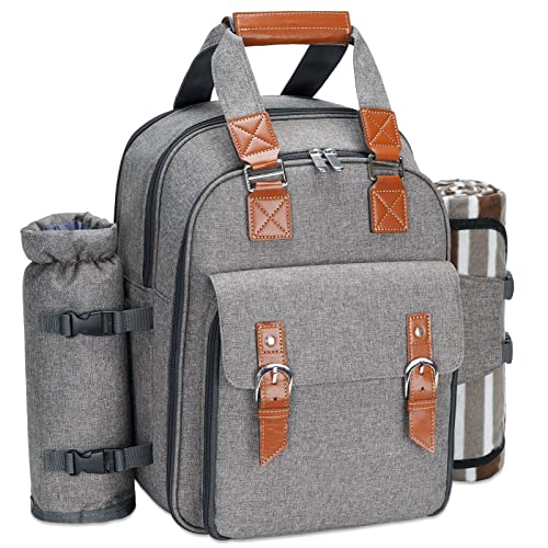 Picnic Backpack for 4 Person with Blanket, Picnic Bag Set with Cooler Compartment, Insulated Waterproof Pouch, Detachable Bottle/Wine Holder