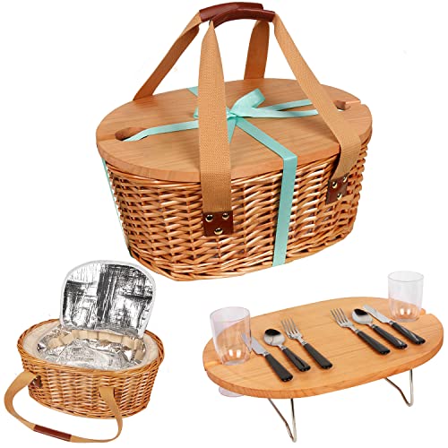 Picnic Basket Set for 2 with Mini Folding Wine Picnic Table & Large Insulated Cooler Bag & Cutlery Service Kits for 2 Person,
