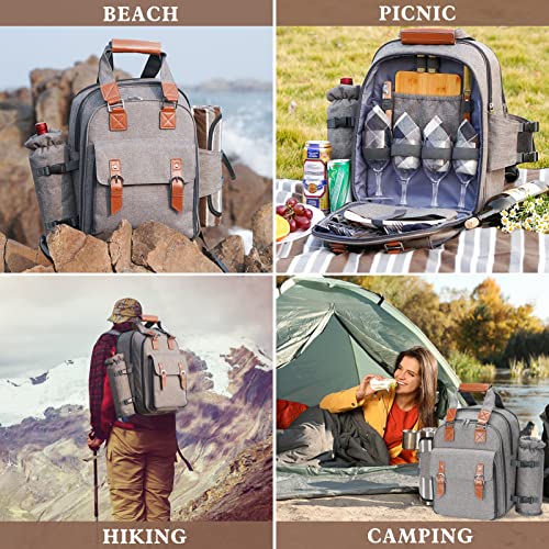 Picnic Backpack for 4 Person with Blanket, Picnic Bag Set with Cooler Compartment, Insulated Waterproof Pouch, Detachable Bottle/Wine Holder